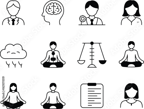 Collection of icons representing mental health and well being concepts
