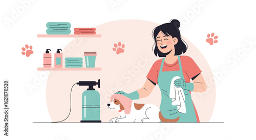 Smiling groomer lovingly drying a puppy with a towel in a professional pet salon setting