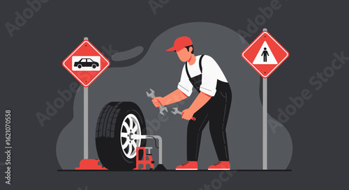 Repairman Working on Vehicle Tire Near Road Traffic Signs Illustration