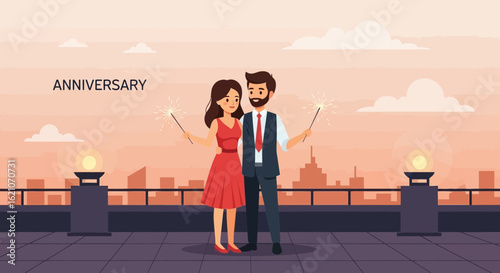 Romantic Anniversary Celebration On Rooftop With Sparklers At Sunset Background