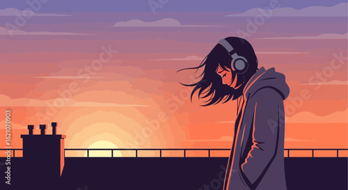 Solitude At Dusk Girl With Headphones In An Urban Setting