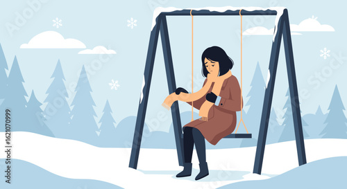 Solitude in Winter Sad Woman on Swing in Snowy Landscape Expression of Loneliness