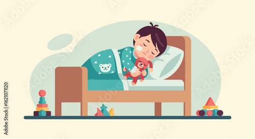Peaceful Slumber Illustration Of Little Boy Sleeping With His Teddy Bear