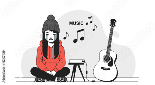 Sorrowful Melody Young Girl Crying Listening To Music With Acoustic Guitar