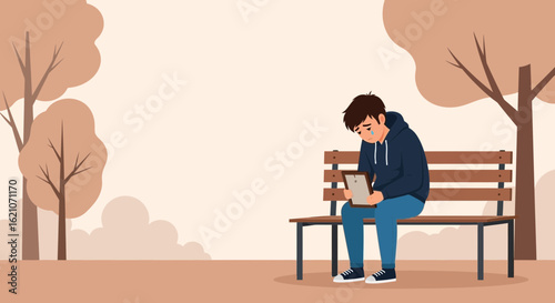 Sorrowful Scene Young Man Grieving Heartbreak Memory Loss In Autumn Park