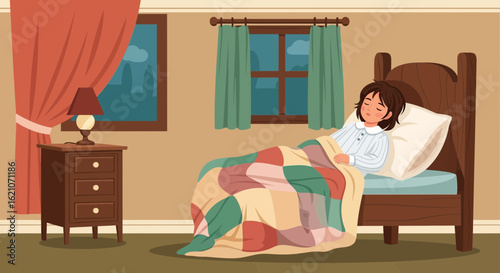 Peaceful Slumber Young Girl Tucked In Quilt Covered Bed In Her Room