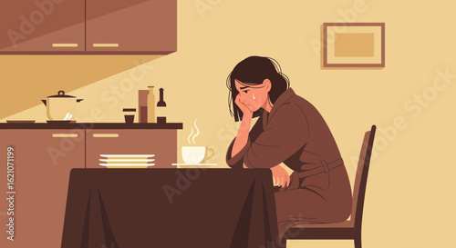 Sorrowful Solitude Woman Experiencing Loneliness In Quiet Kitchen Scene
