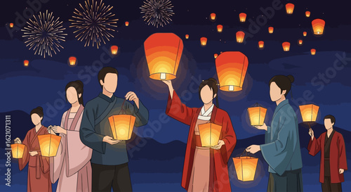People releasing glowing sky lanterns into the night sky with fireworks in the background, celebrating a festival or cultural event