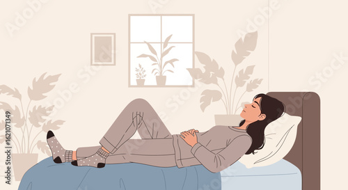 Peaceful Woman Lounging In Bed For Serene Relaxation At Home Lifestyle