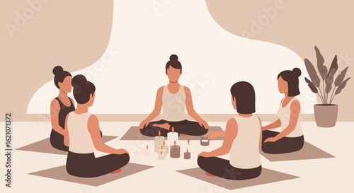 Peaceful Women Meditating Together In Studio With Candles And Indoor Plant