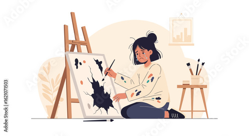 Sad Artist Expressing Emotions Through Painting On Canvas With Tears In Her Eyes