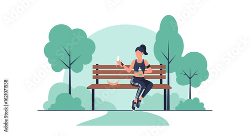 Sporty Woman Resting After Workout with Banana and Drink on Bench
