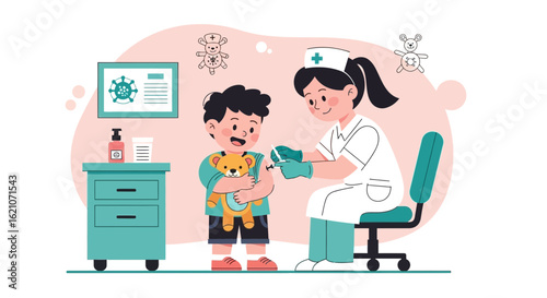 Pediatric Vaccination Little Boy Receiving Injection From Smiling Healthcare Worker
