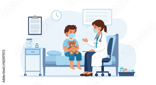Pediatrician Consulting With Boy About Health During Coronavirus Pandemic Disease