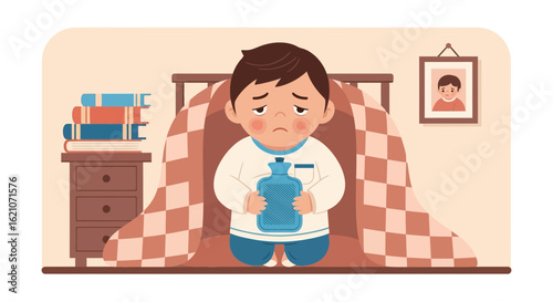 Sad Boy Having Fever With Hot Water Bag In Bed Protection Against Cold