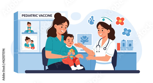 Pediatrician Discussing Vaccination With Mother And Child In Hospital Clinic
