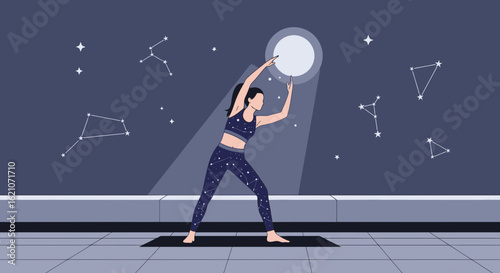Stargazing Yoga Serenity Woman Achieving Balance Beneath Celestial Constellations