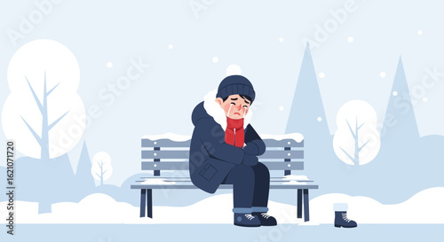 Sad boy sitting alone on a snowy bench in winter, feeling lonely and abandoned, isolated in the cold weather atmosphere