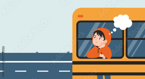 Pensive child on a school bus pondering life's questions with a thoughtful expression looking out the window
