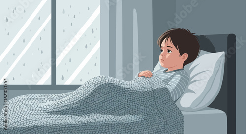 Pensive Boy Watching Rain From Bed On A Gloomy Day Illustration