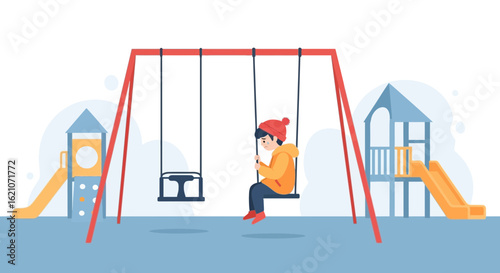 Pensive Child On Swing Set In Winter At Public Playground Scene