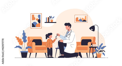 Pediatrician Giving Medicine To A Little Girl In A Cozy Home Setting