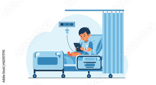 Sad Boy Recovering in Hospital Bed Using Tablet During Medical Treatment