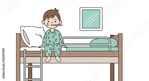 Sad Boy With A Thermometer in His Mouth Suffering From Fever In Bed