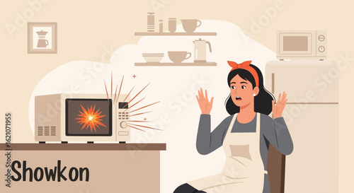 Startled Woman Watches A Microwave Oven That Is Catching On Fire