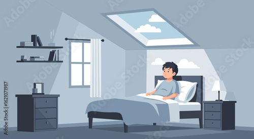 Pensive Man In Bed Gazing At Clouds Seen Through A Bedroom Skylight
