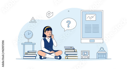 Pensive Student Contemplating with Question Mark and Books on Blue Background
