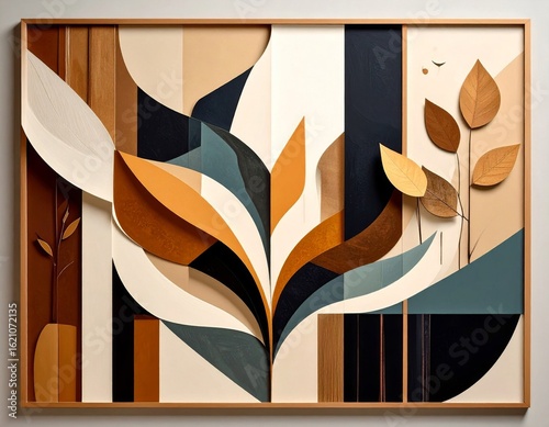 Abstract Artwork with Wooden Frame with Decorative Leaves and Neutral Colors