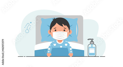 Sad Little Boy Wearing A Surgical Mask Lying In Bed Protection Concept