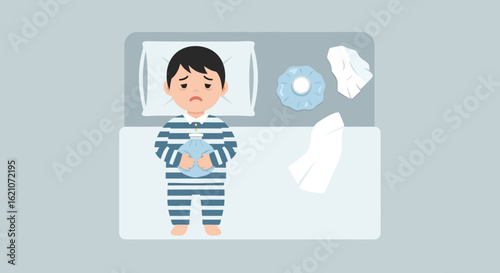 Sad Little Boy With A Fever In Bed With Hot Water Bag
