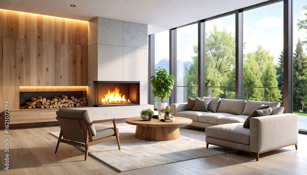 Fototapeta premium Modern living room with fireplace and large windows
