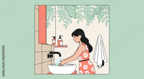 Morning Routine: A Woman Washing Her Hands In A Minimalist Bathroom Illustration