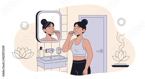 Morning Routine A Young Woman Brushing Her Teeth In A Bathroom