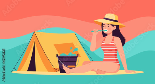 Morning Routine At Camping Site With Woman Brushing Teeth Outdoors