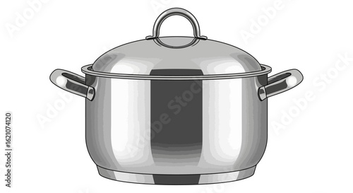 Vector illustration of a metallic stockpot with a lid. Shiny stainless steel cookware utensil for home cooking isolated on white.
