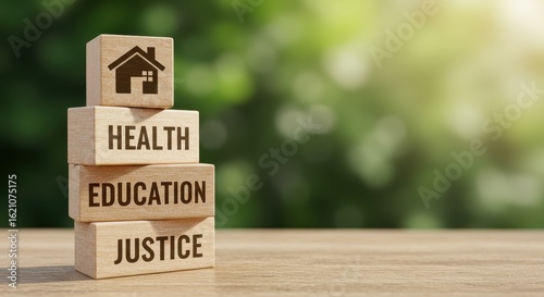 Wallpaper Mural Stack of wooden blocks with house icon health education and justice on a wooden surface outdoors Torontodigital.ca