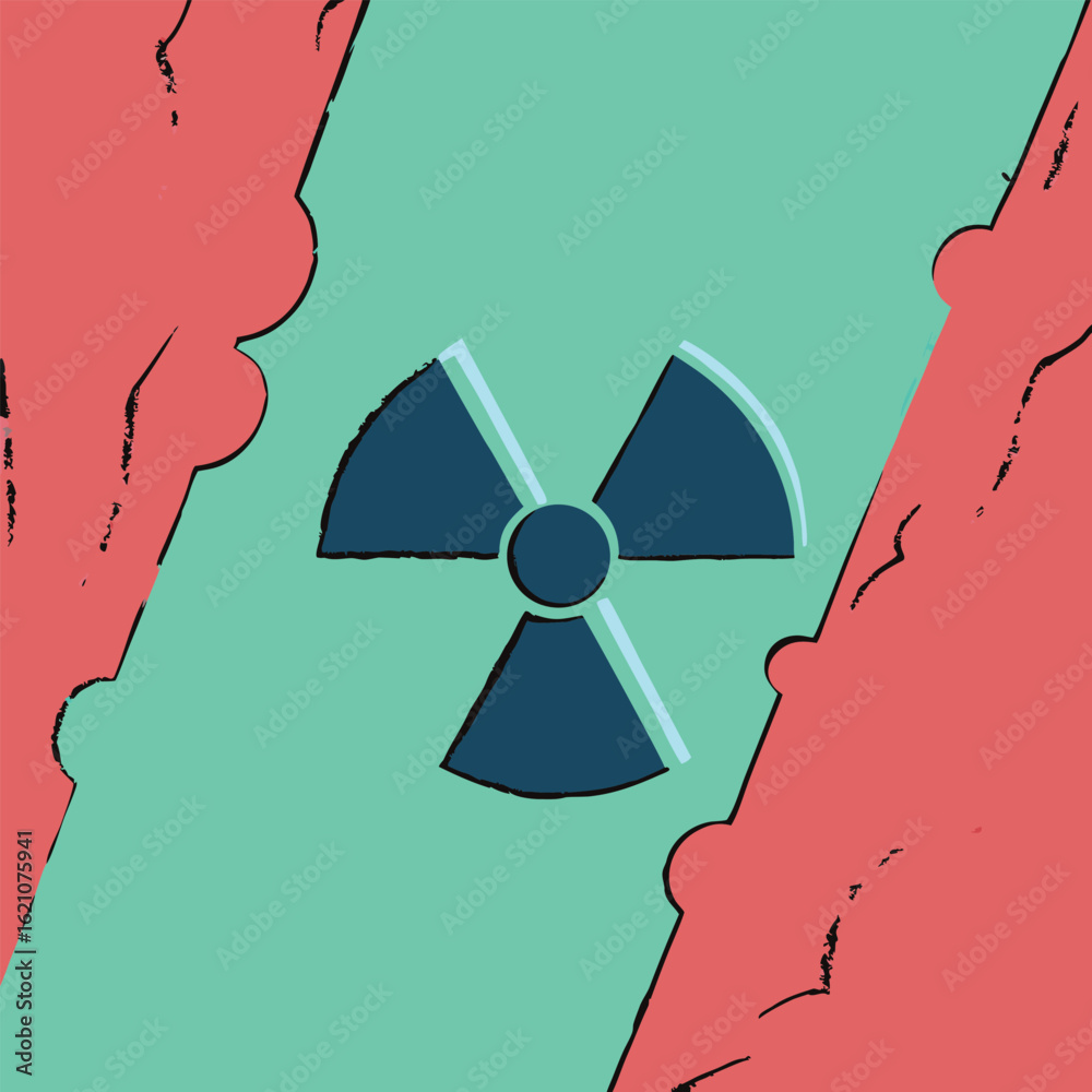 Fototapeta premium Abstract illustration with a dark blue radiation warning symbol against a green and red background