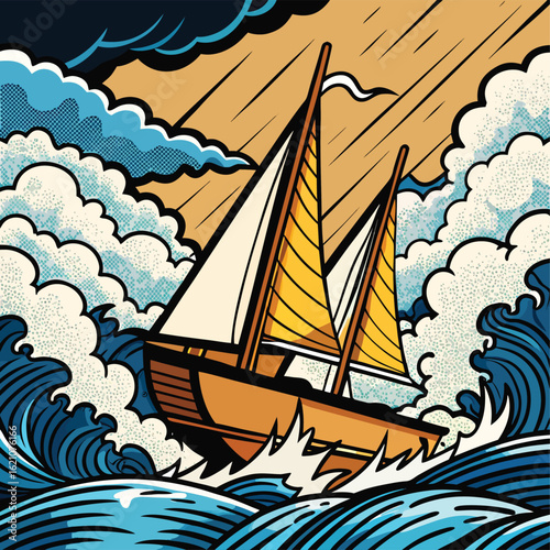 Wooden sailboat sailing through turbulent waves and storm clouds in retro comic style illustration