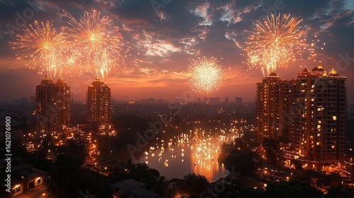 Diwali light-up ceremony in Indian apartment complex with families watching sparkling fireworks from balconies.