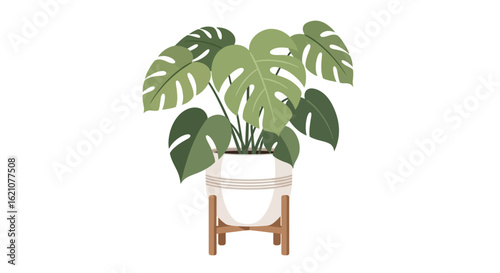 A lush Monstera deliciosa plant in a stylish white pot sitting on a wooden stand. Flat vector illustration isolated on white.
