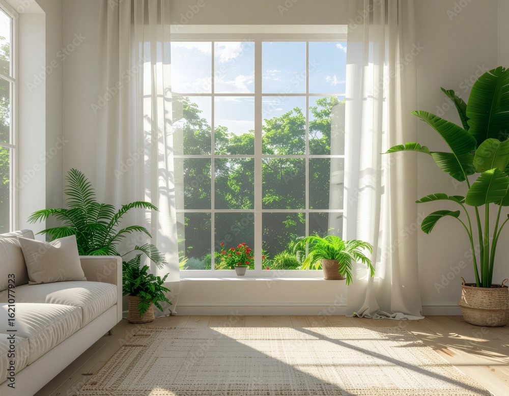 Fototapeta premium Modern minimalist summer living room, large window with sheer curtains, natural sunlight streaming inside
