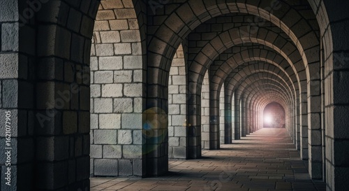 Ancient stone arches  a long hallway
