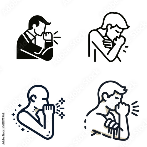 Man coughing into elbow in various poses and styles  