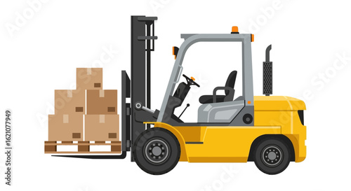 Vibrant yellow forklift illustration showcasing efficient material handling in a warehouse or industrial setting, ideal for logistics, delivery, and supply chain concepts.