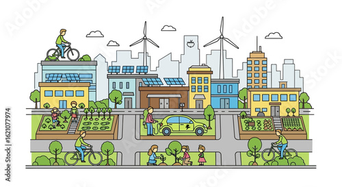 Illustration of a sustainable city concept with a green community, renewable energy like wind turbines and solar panels, and urban gardens.