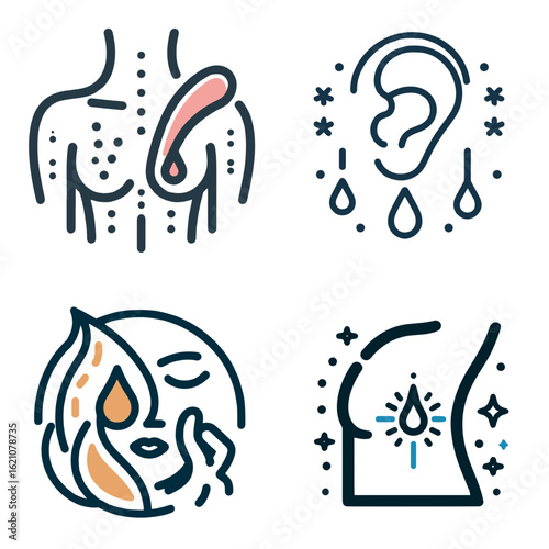 Sebaceous gland and ear icons with drops and facial features  